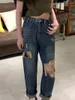 Frauen Jeans Vintage gerissen gerade Bein 2024 Feder große Größe hoher Taille locker mit dünnen Harenhosen breite neun Punkte