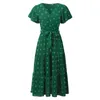 Casual Dresses Summer Bohemian Dot Maxi V Neck Short Sleeve Solid Tie Belt En linjeklänning Tiered Flowy Long For Women Elegant