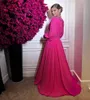 Chiffon Elegant Fuchsia Evening Dress With Beaded Long V Neck Charming Prom Wear Puff Sleeve Backless Formal Party Gown Vestidos De Noche Dubai Abaya Chic estidos