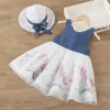 Robes de fille en bas âge pour tout-petit robe d'été décontracté dessin animé imprimé animal nette sans manches et chapeau de soleil pour la fête à la plage