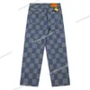 Brand Mens Jeans Designer Chessboard L Slim-Fit Broidered Blue Grey Jeans Patch Trim Cowboy Pantal