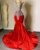 Sparkly Red Satin Mermaid Prom Dress 2024 Beading Sheer Neck Plus Size Sexy Graduation Party Dress Robe De Bal Formal Women Gowns