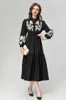 Women's Runway Dresses Turn Down Collar Long Sleeves Embroidery Elastic Waist Ruffles Fashion Mid Vestidos