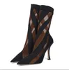 Boots Pointy Hollowed-Out Mesh Cool Sexy Stripes Transparent Color Contrast High Heel Elastic Socks Women