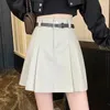 Skirts MOUKYUN Apricot PU Pleated Skirt Women Winter Solid Chic Faux Leather With Belt Korean Fashion Female Mini