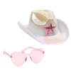 Berets Y1UB 3PCS Frau Herz Sonnenbrille Glitter Pulver Cowboy Hat Set Carnival Outdoor Weitkrempe Braut Fedoras für Poshoots