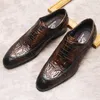 Chaussures habillées Crocodile Modèle Oxford Hommes décontractés en cuir de vache authentique Blow Brown Lace Up Wedding Formel Shoe