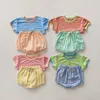 Clothing Sets 2024 Summer New Baby Short Sleeve Clothes Set Cute Infant Candy Color Cotton T Shirts + Plaid Shorts 2pcs Suit Boy Girl Outfits H240423