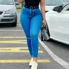 Kadınlar için mavi kadınlar için yırtık 2024 Sonbahar Moda Yüksek bel streç sıska bayanlar seksi ince fit denim kalem pantolon