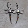 Dangle Chandelier Vintage Silver Color Dragonfly Earrings Ethnic Metal Inlay Moonstone Two Tone Beaded for Women Jewelry H240423