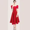 Party Dresses French Elegant Women Square Collar Prom Midi Dress High Quality Summer Rose Red Puff Sleeve Slim Ball Gown Vestidos