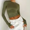 Grundläggande Crewneck Casual Crop Tops för kvinnor Y2K Solid Skinny Long Sleeve Slim Fits Stretchy Croped Tees T-Shirts With Thumb Holes 240418