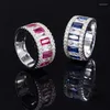 Cluster Rings 3x6mm Rectangle Shape Red Ruby Blue Sappire Clear Cubic Zircon 925 Sterling Silver Wedding Band Ring