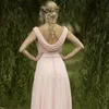 Abiti da damigella rosa perla che scottano il collo a-line lungo chiffon cameriera di abiti da matrimonio senza schienale.