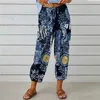 Women's Pants Capris Plus Size Cotton Linen High Waisted Drawstring Capri Pants for Women with Vintage Floral Print Y240422