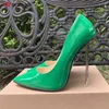 Отсуть обувь 12 см металлических насосов глянцевые патентные шпильки шикарные зеленые элегантные высокие каблуки.
