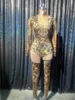 Stage Wear Sexy Leopard Print Rhinestones Jumpsuit Women Performance Party Party Nightclub Outfit Dancer Show