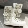 Casual skor vita sneakers hög topp mjuk bekväm 5 cm inre höjd lyxiga pärlor blomma anpassa stor storlek kvinnor duk