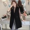 Colete feminino Colete de primavera Elegante Jaqueta sem mangas preta de moda coreana Casa longa Long Cardigan Solid Cardigan Coloque