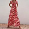 Casual Dresses 2024 Elegant Deep V-ringen Split Long Dress Women Fashion Floral Print midja Bohemian Party Ruffle Sleeve Maxi