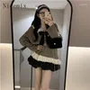 Work Dresses Skirts Set Women Sweet Girl Autumn Retro High Waist Black Short Skirt Lace Bow Wool Sweater Cardigan Coat Two Piece