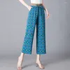 Spodnie damskie Summer cienki luźne przycięte druk elastyczne patchworkowe kieszenie na wysokim talii moda sznurka wszechstronna prosta szeroka noga