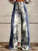 Kvinnors jeans 2024 Nytt modefiskmönster Casual Womens High midja breda benbyxor Lossa kvinnor Slim Fit Imitation Denim Wide Leg Pants Y240422