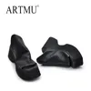 Slippers Artmu épais semelles talons de coin femmes Véritable cuir en cuir en dehors des chaussures d'été plate-forme haute à la main noire