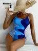 Swimwwear Women Riseado Colorblock Swimsuit One Piece Sexy Femmes 2024 Viscus de baignade à cordon pour les vêtements de plage Summer