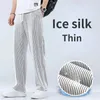 Men Pants Mid-Rise Elastic Waistband Sweatpants Drawstring Pocket Wide Leg Ribbed Ultra-Thin Ice Silk Casual Trousers Streetwear 240422