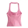 TRAF Pink White Halter Top Female Off Shoulder Crop Tops Women Sleeveless Backless Sexy Woman Top Summer Short Tank Tops 240421