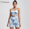 CHRLEISURE Yoga Shorts Set Tie Dye Women Seamless Summer Bra High Waist Fitness Sportswear Printing Short Pants 240415