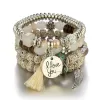 Strands 4Pcs Boho Stone Beads Chain Bracelet Set For Women I Love You Letter Feather Tassel Charm Bangle Girls Trendy Jewelry