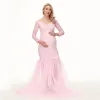 Klänningar rosa bodycon baby shower klänning stretchy spets tulle moderskapsfoto skytte maxi klänning golv längd