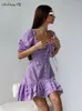 Party Dresses Purple Plaid Dress Puff Sleeve Ruffled Women Lace-Up Button Frill Summer 2024 Ladies Cascading