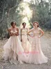 Billiga Blush Champagne V Neck spetsar Bröllopsklänningar Reem Acra Puffy A Line Bridal Bowns Vintage Country Garden Wedding Dresses Bo6089