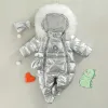 Coats 2021 Baby Winter Footed Jumpsuit Glossy Fur Hooded Long Sleeves Zipper Warm Down Romper with Gloves for Toddler Girls Boys