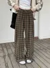Women's Jeans Womens Vintage Plaid Casual Thin Pants Strt Chic Retro Style Young Girl Wide-leg Bottoms Female High Waist Straight Trousers Y240422