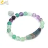 Strands CSJA Reiki Fluorite Crystal Bracelet Natural Stone 8mm Beads Bangle Heart Charm Lucky Stretchy Mala Bangles Healing Jewelry H176