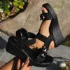 Dress Shoes 2024Women Elegant High Heel Black Sandals Summer Pumps Platform Roman Wedges Rose Design Peep Toe