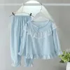 Barns långärmade pyjamas twopiece set bomullslinne andningsbar baby flicka hemkläder spets prinsessan stil toppar byxa 240408