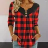 Women's Blouses Women Regular Fit T-Shirt Festieve Plaid V-Neck Blouse met knoop met details over kerststraatkleding top voor vakanties