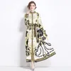 Baroque Print Long Shirt Dress Designer Women Elegant Button Long Sleeve Maxi Party Dresses Stand Collar Sashes Bow A-Line Casual Office Cocktail Clothing For Ladies