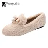 Casual Shoes Curly Woolen Ladies Winter Flats Lambswool Moccasins Women Outdoor Crystal Bow Loafers Plus Size 43 Slip On Airport