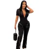 NEW Designer Spring Jumpsuits Women Short Sleeve Rompers Casual Turn Down Collar Zipper Overalls Solid Cargo Pants Bulk Wholesale Clothes