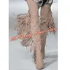 Boots Suede Fringe Thigh High Pointed Toe Solid Thick Heels Fitted Tassel Women Winter Party Runway Shoes Designer