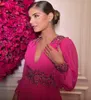 Fuchsia Chiffon Elegant Evening Dress With Beaded Long Sleeve V Neck Charming Prom Wear Puff Sleeve Backless Formal Party Gown Vestidos De Noche Dubai Abaya Chic