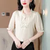 Women's Blouses Satin Chinese Style Shirt Summer Silk Embroidery Vintage Loose Short Women Tops Fashion Clothing YCMYUNYAN