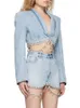 Twotwinstyle eklenmiş elmas püskül denim kadınlar için iki parça set uzun kollu ceket yüksek bel mini etek moda seti 240412