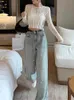Women's Jeans Womens pearl decoration design blue jeans with standard temperature bottom young girl casual mens high waisted straight pants Y240422